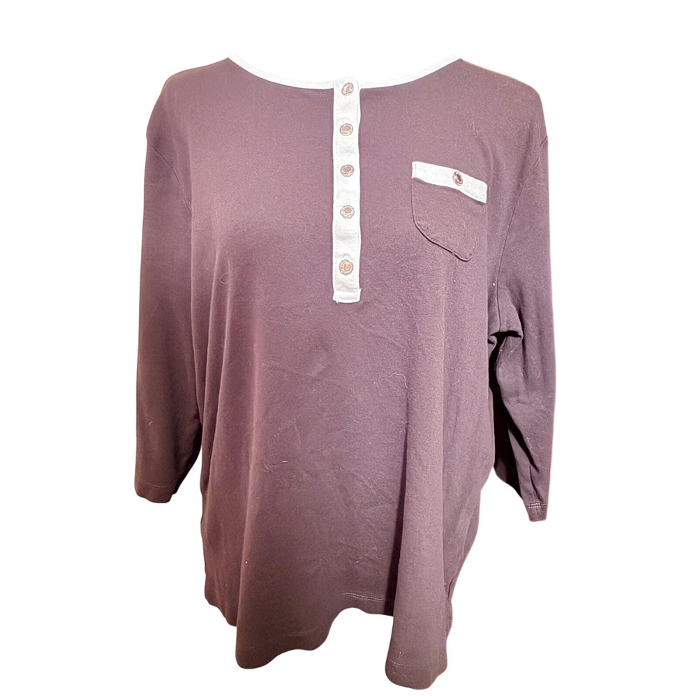 Lauren Ralph Lauren Henley Top Womens 1X Brown Good 3/4 Sleeve Cotton Pocket